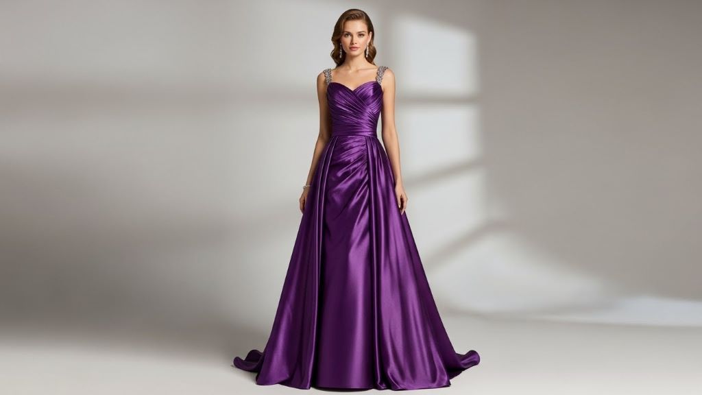 Purple prom dress in wrinkle-resistant polyester satin fabric hanging on display showing smooth, crease-free material and elegant draping
