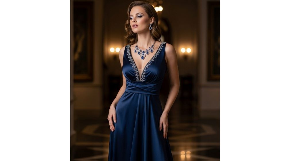 Woman with pear-shaped body wearing elegant navy satin maxi dress with V-neckline and statement necklace showing flattering styling