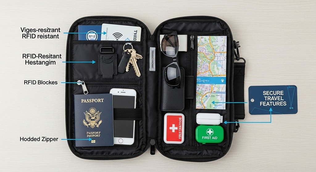 Woman wearing anti-slash strap bag crossbody while traveling in airport