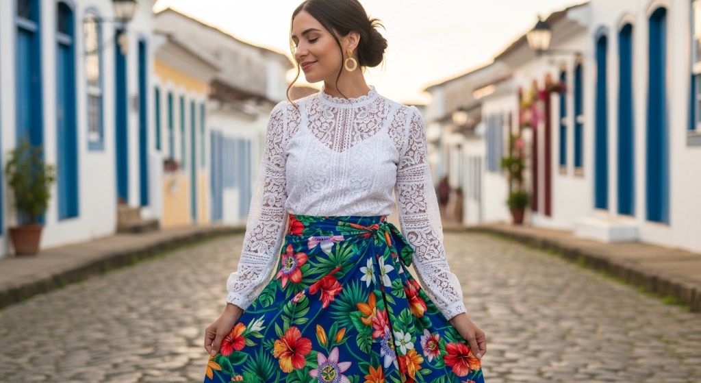 Woman wearing a white lace blouse and tropical print wrap skirt inspired by traditional Brazilian fashion