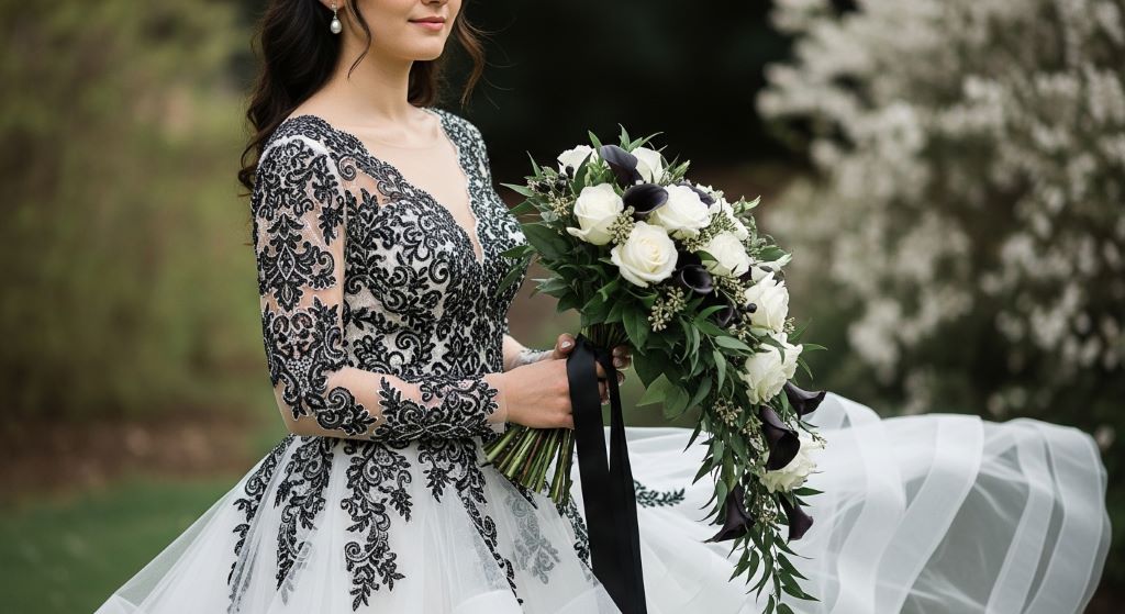 Bride in a soft black and white lace wedding gown with flowing tulle and floral bouquet