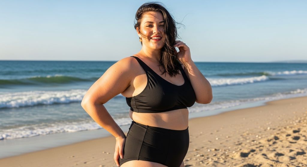 Plus size woman wearing a black high waisted bikini on the beach, smiling confidently in the sun