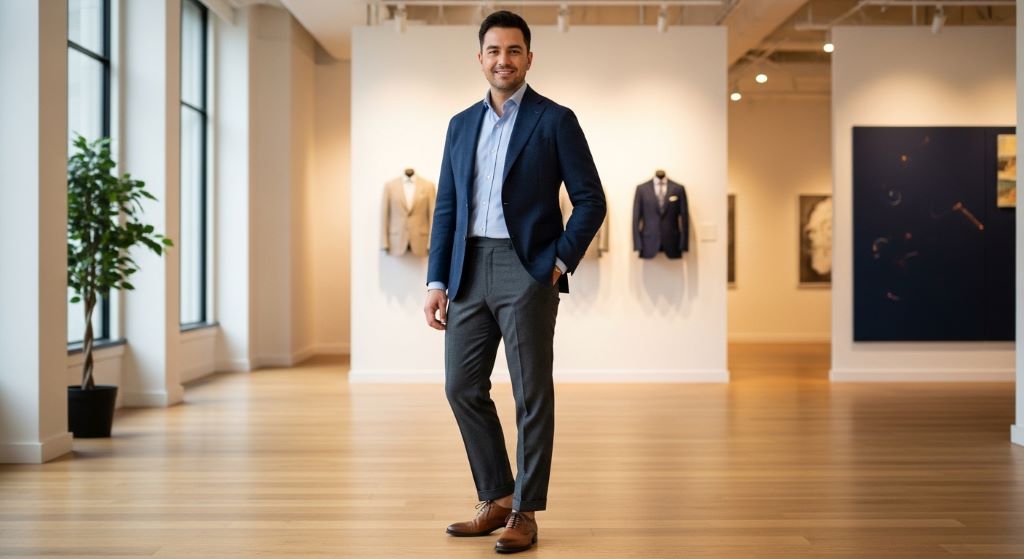 A person standing confidently in well-fitted clothing that is neither too tight nor too baggy, showing proper shoulder seam alignment and clean trouser hem