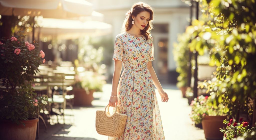 A woman in a floral midi dress and straw bag styled in a romantic vintage casual daytime outfit