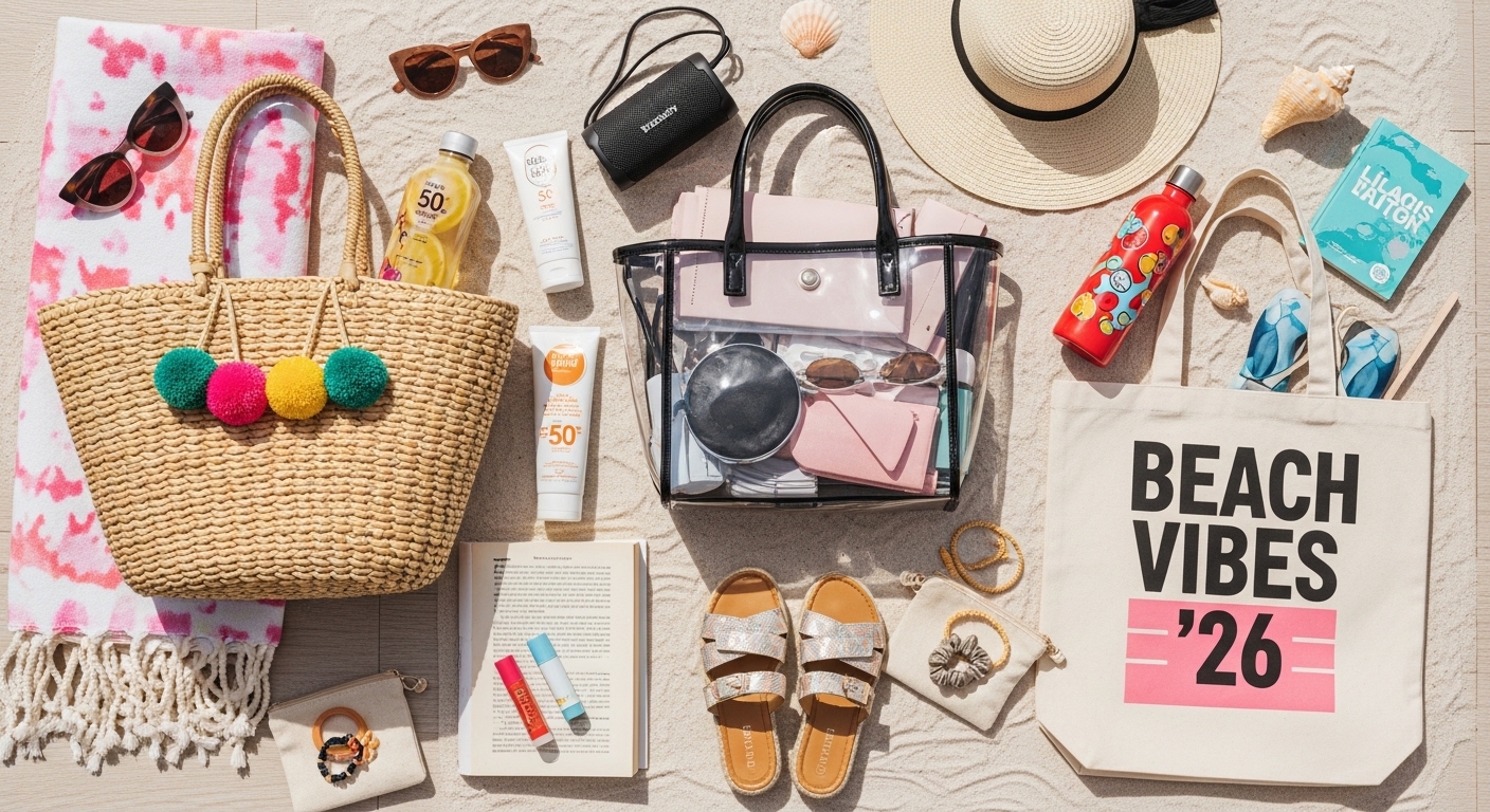 teenage girl carrying stylish beach bag on summer beach