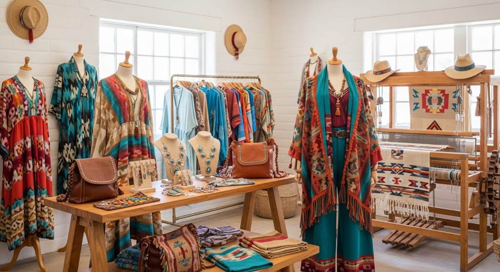Santa Fe boutique displaying modern boho clothing with traditional loom patterns