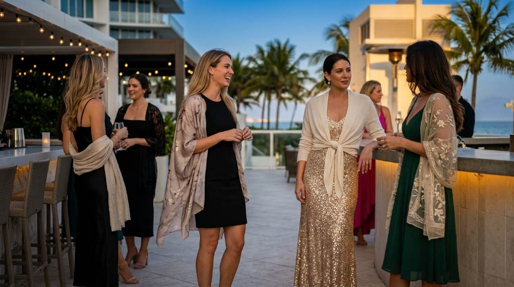 Woman wearing lightweight chiffon cover-up with evening dress in Miami