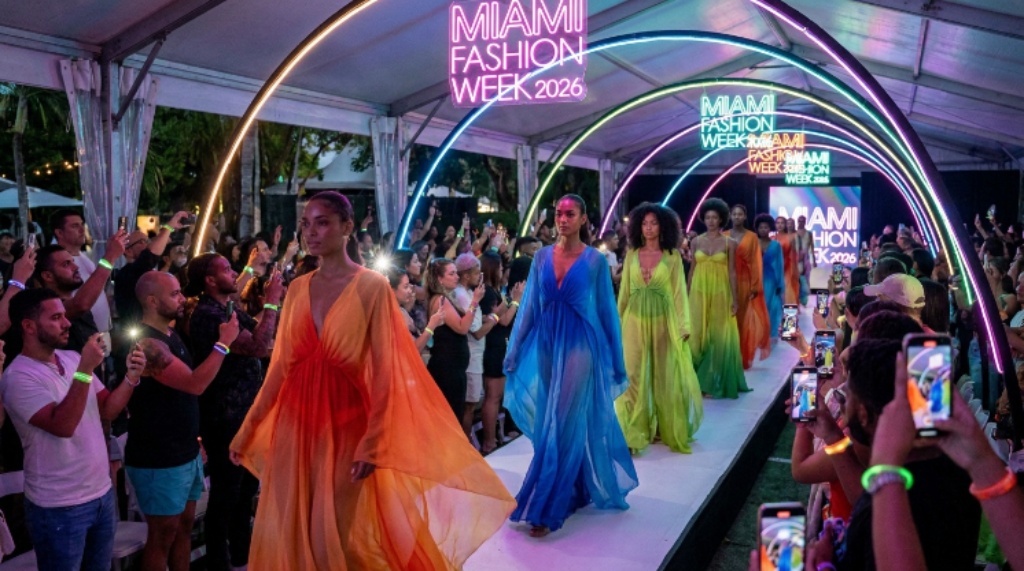 Models walking the runway at Miami Fashion Week 2026 in colorful fluid dresses under neon lights