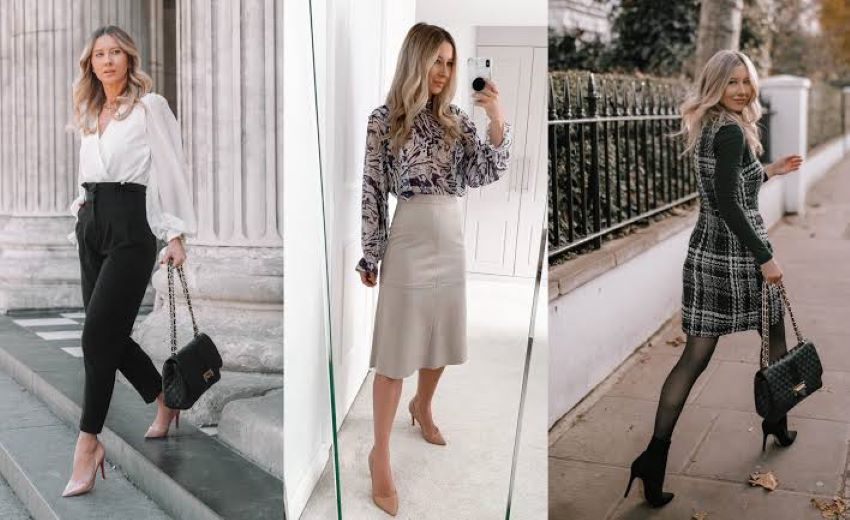 Woman wearing an elegant office outfit that looks luxurious on a budget.