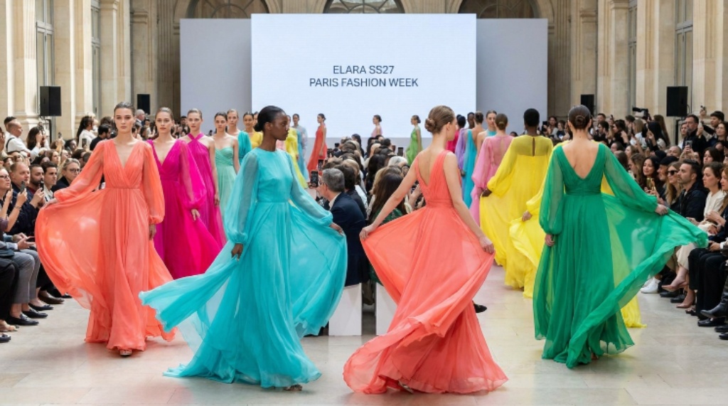 Paris Fashion Week SS27 designer showcase featuring flowing feminine dresses in vibrant spring colours