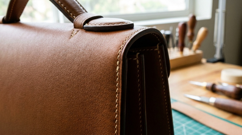 Close up of neat stitching on a high quality leather top handle bag.