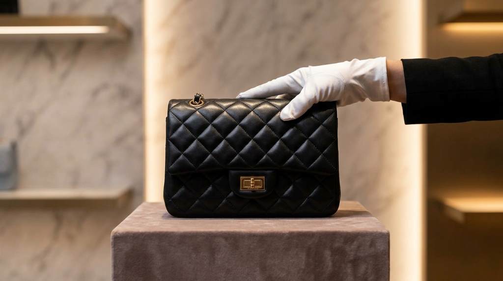 Classic luxury handbags arranged on elegant shelves