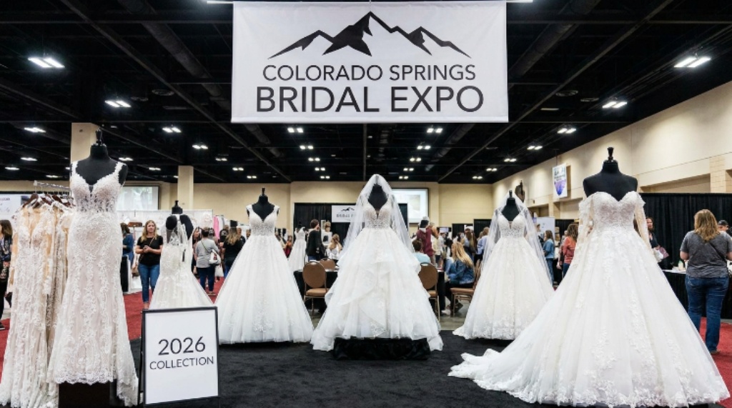 Wedding gown display at Colorado Springs bridal expo 2026