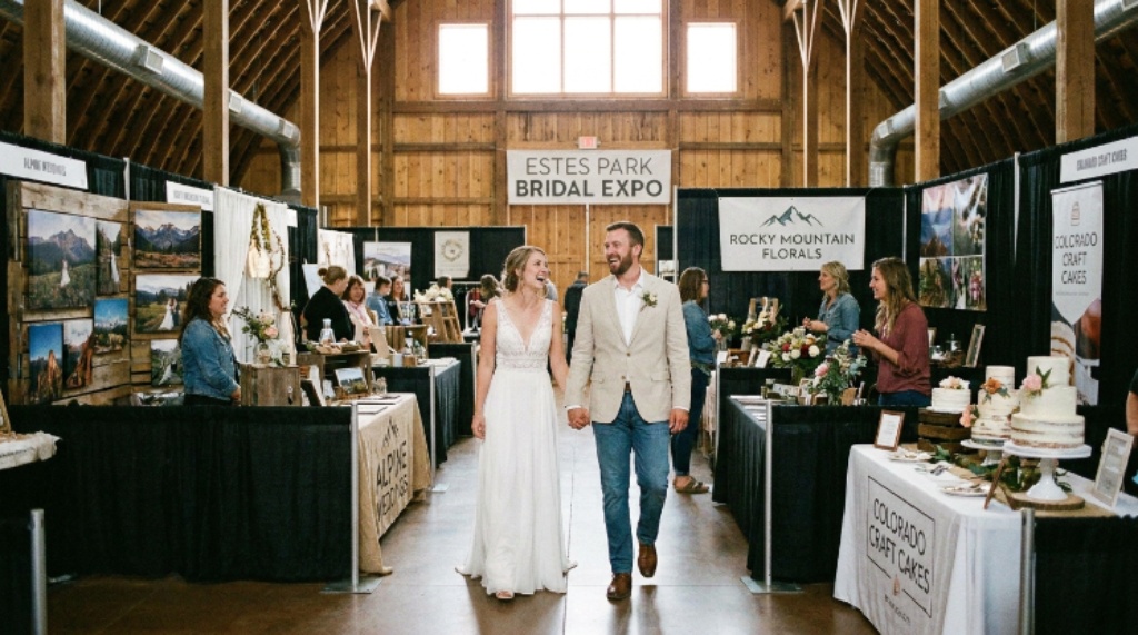 Bride and groom exploring vendor booths at Colorado bridal show
