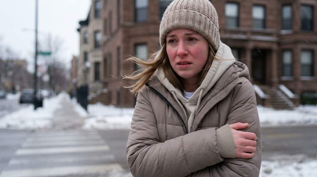 Person wearing proper layered clothing during windy Chicago weather