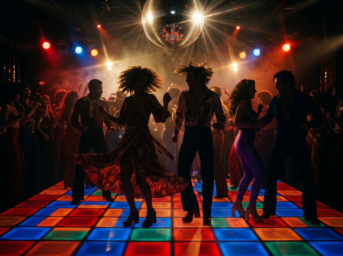70s disco fashion featuring iconic 1970s attire and silhouettes