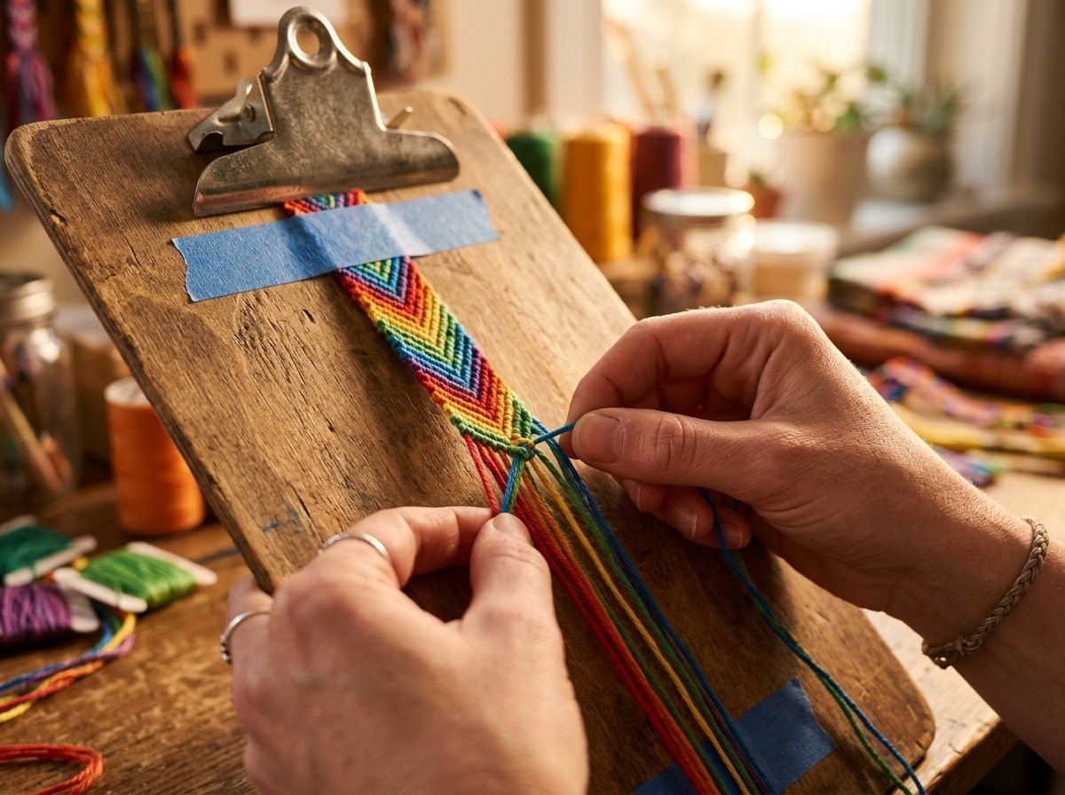 Hands making a colorful friendship bracelet