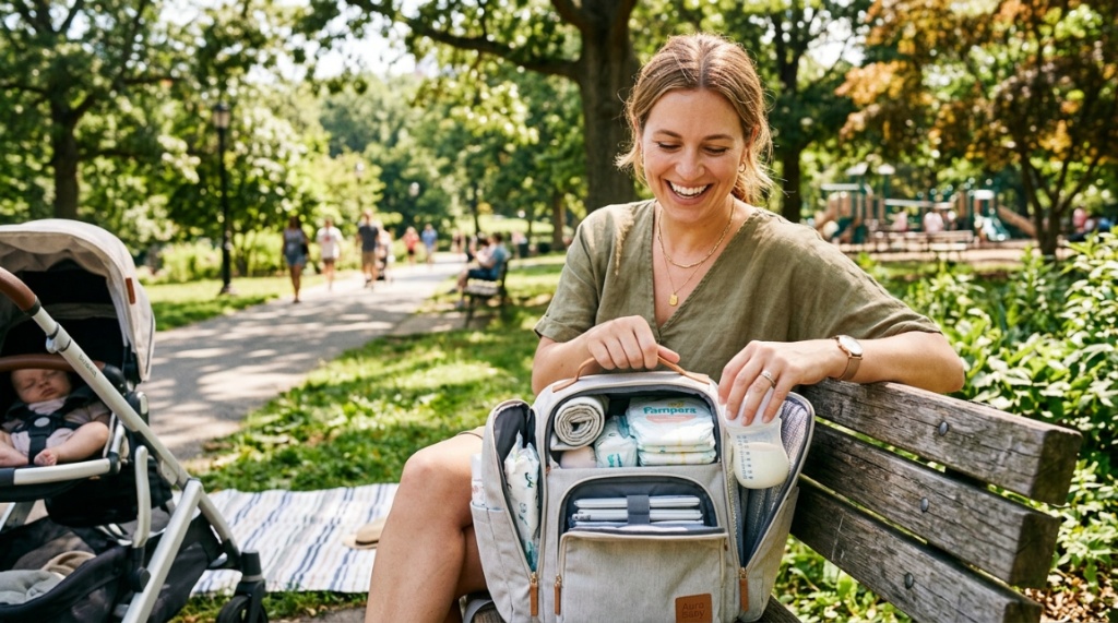 Compact leather diaper bag neatly packed with baby essentials on a wooden table.