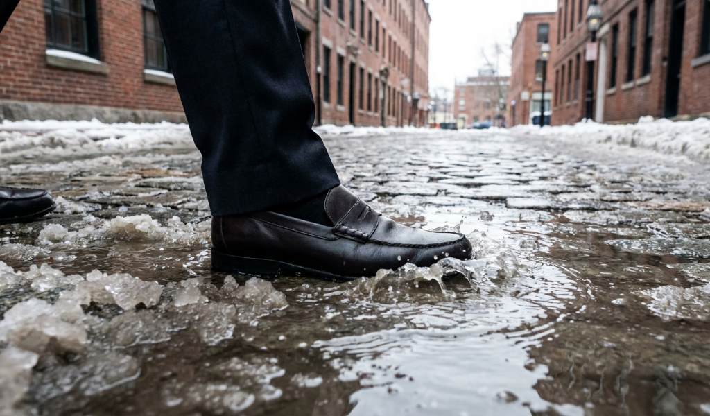 Commuter swapping waterproof transit boots for polished leather dress shoes in Boston office.