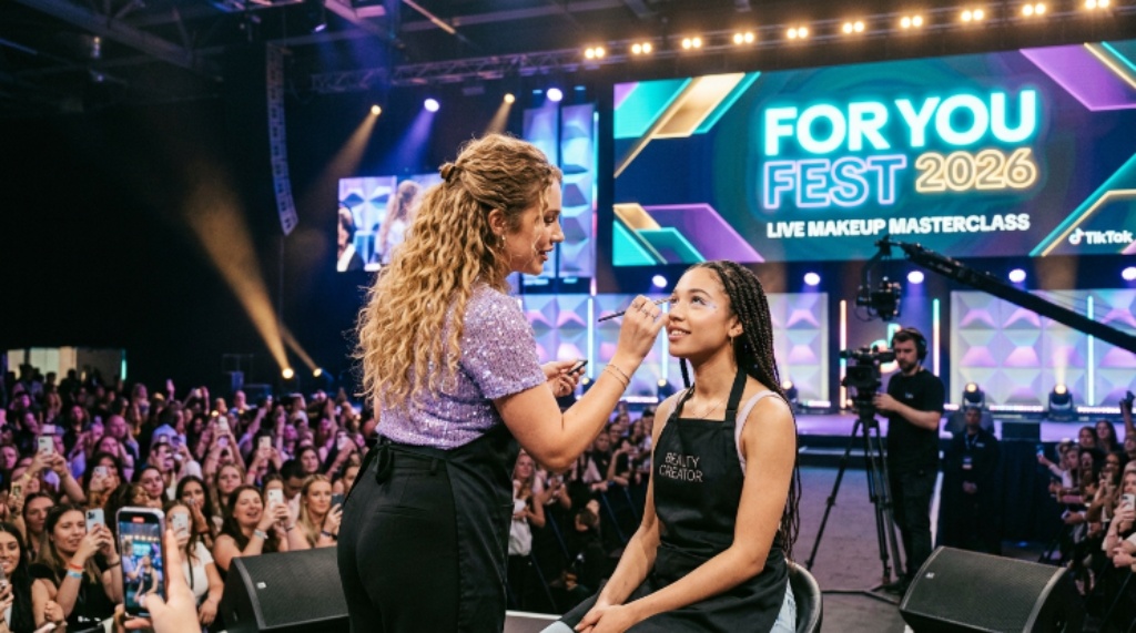 Beauty creator applying makeup live on stage at For You Fest 2026