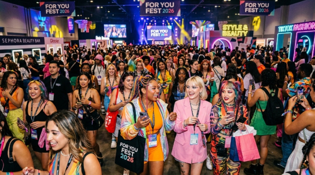Colorful crowd of fashion and beauty fans at For You Fest 2026 festival floor