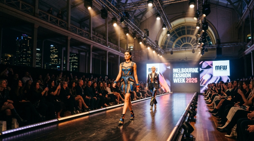 Models walking the runway at Melbourne Fashion Week 2026 under bright stage lighting in a city venue