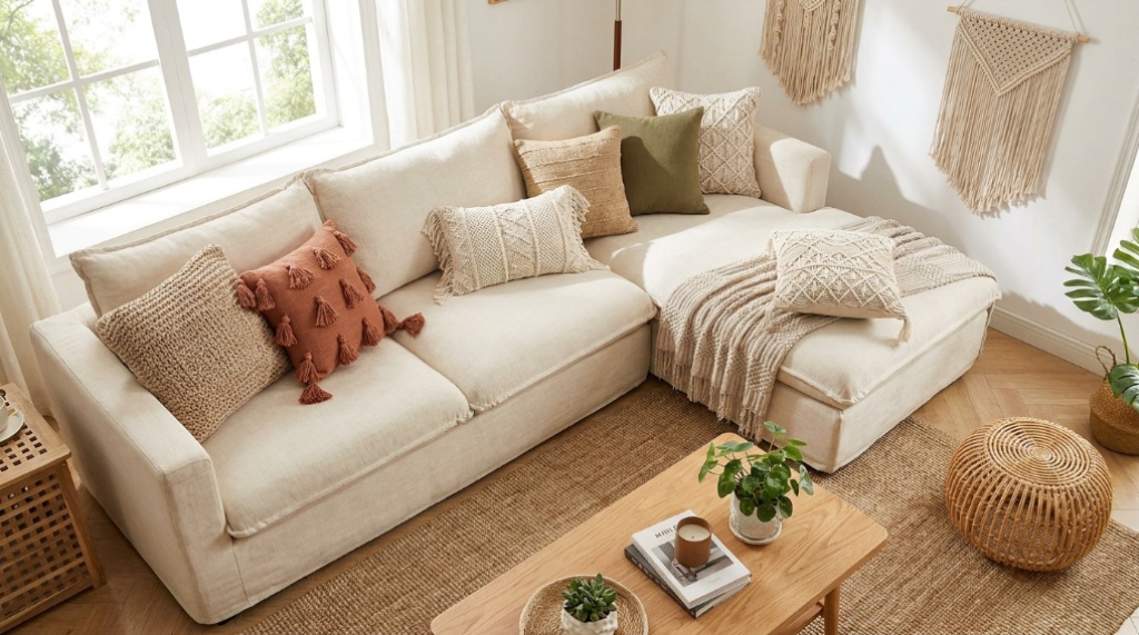 Textured neutral MIULEE pillow covers styled on a modern boho farmhouse sofa.
